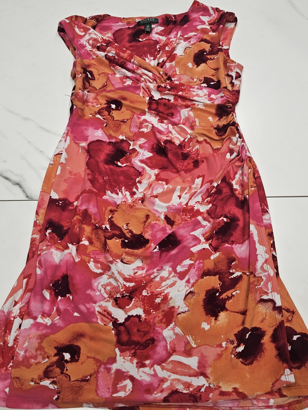 Lauren Ralph Lauren Pink and Orange Floral Wrap-Style Midi Dress